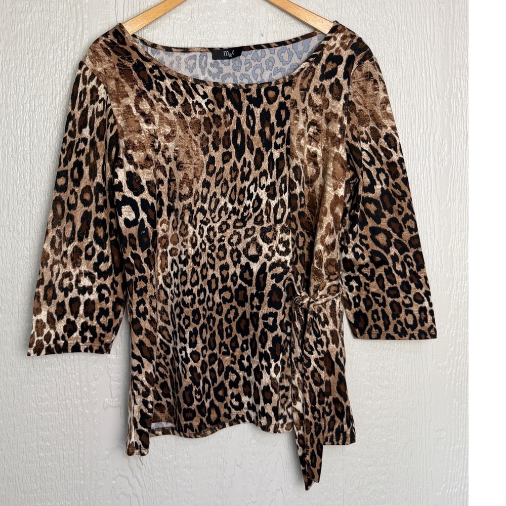 M&E Leopard Print 3/4 Sleeve Side Tie Blouse Brown Black Animal Pattern EUC